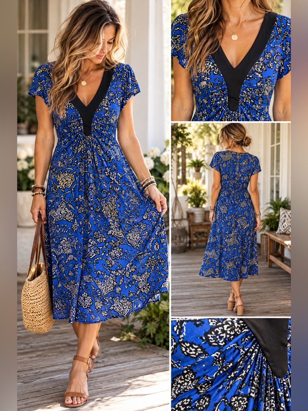 Jones Wear Dress Royal Blue Floral V-Neck Midi Dress Size 8